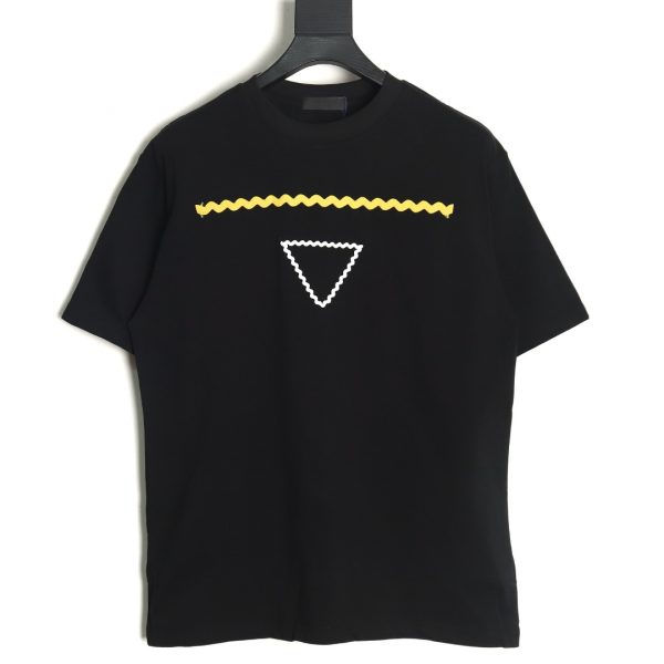 Prada Black Short Sleeve T-shirt with Wavy Line Triangle Embroidery