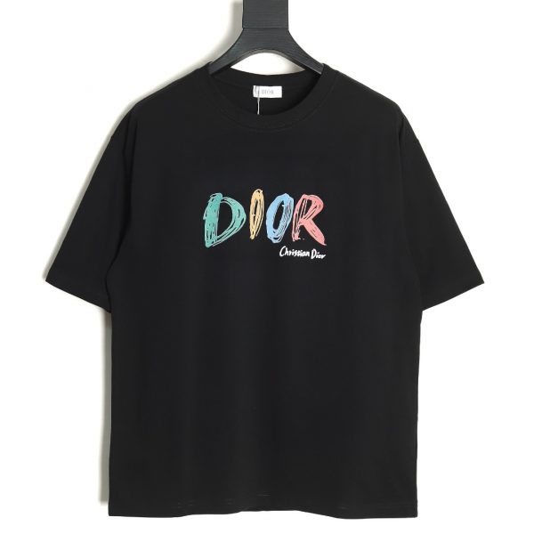 Dior Color Letter Digital Printing Round Neck Short Sleeve Black