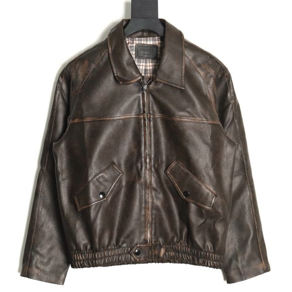 Prada Distressed Leather Jacket With Triangle Logo on The Back