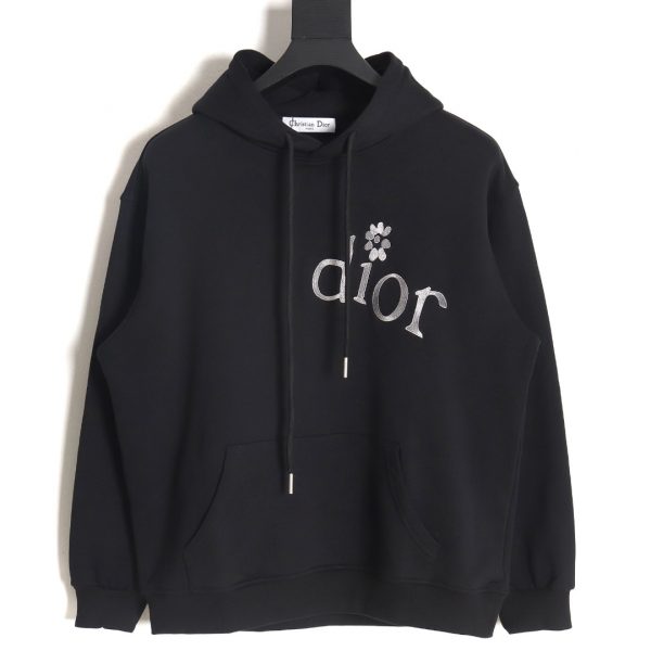 Dior Hoodie Black With Small Flower Embroidery