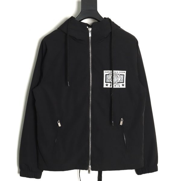 Dior Hooded Windbreaker Jacket With Embroidered Letters Black