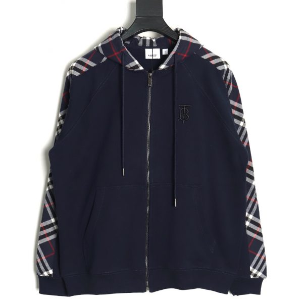 Burberry Embroidered TB Plaid Splicing Zip-up Sweatshirt Jacket