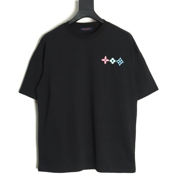 Louis Vuitton Short-sleeved T-shirt With Coloured Geometric Letter Print On The Back And Three Flowers
