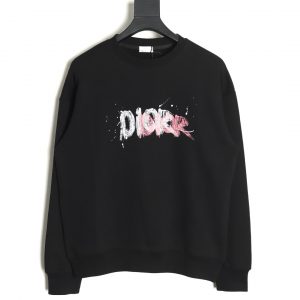 Dior Hand Painted Graffiti Ink Letter Print Crew Neck Cropped Sweatshirt in Black