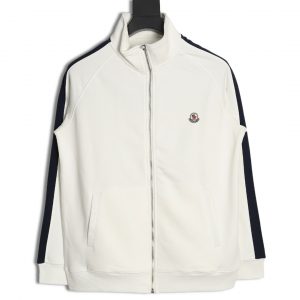 Moncler Striped Zip Up Jacket with Side Seams White