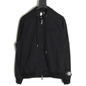 Dior & Stone Island Black Windbreaker Jacket with Hood and Embroidered Lettering