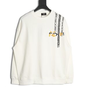 Fendi Crewneck Sweatshirt with Chain Print on Shoulder and Embroidered Graffiti Logo
