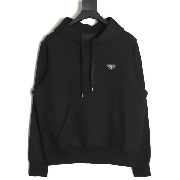 Prada Hoodie With New Silver Triangle Logo In Black
