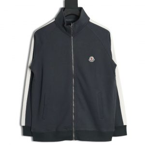 Moncler Striped Zip Up Jacket with Side Seams Blue