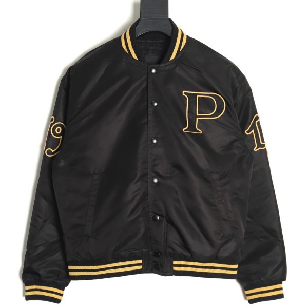 Prada Black Baseball Jacket With P Letter Patch On Chest