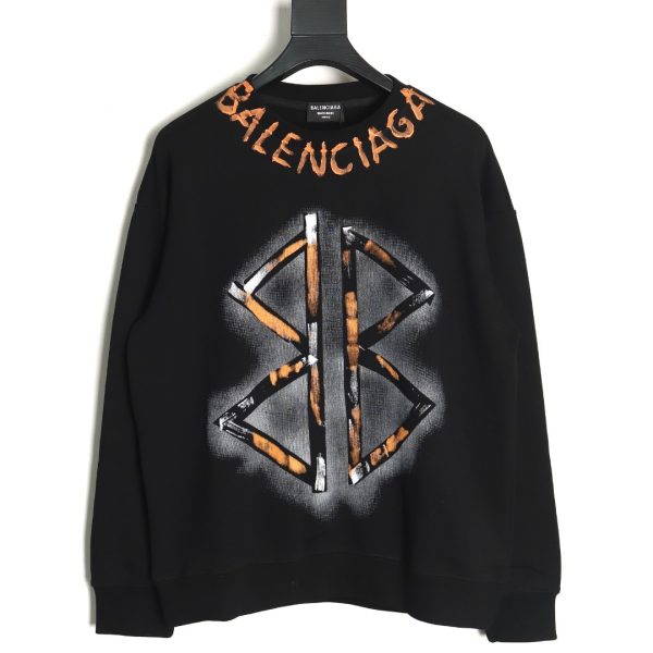 Balenciaga Hand Painted Double B Print Crew Neck Sweatshirt Black