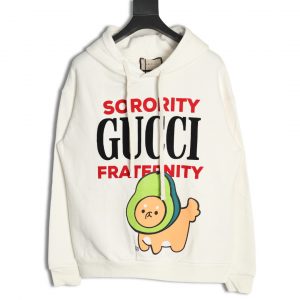 Gucci × kawaii White Hoodie with Colorful Avocado Dog Design