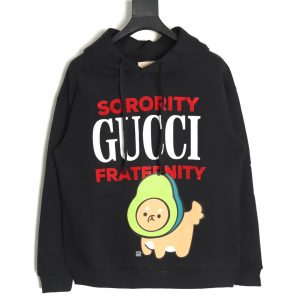 Gucci × kawaii Black Hoodie with Colorful Avocado Dog Design