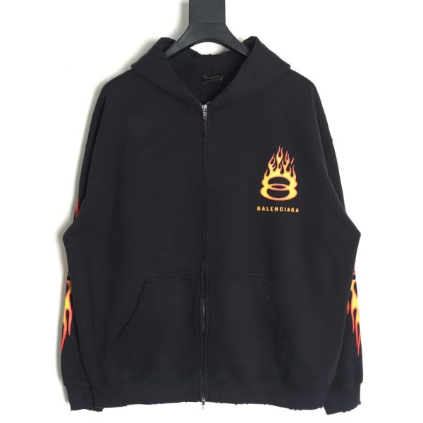 Balenciaga Double Hoop Flames Digital Direct Injection Washed Distressed Zip Up Hoodie