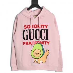 Gucci × kawaii Pink Hoodie with Colorful Avocado Dog Design