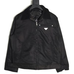 Prada Black Cotton and Nylon Jacket with Corduroy Collar and Triangle Logo