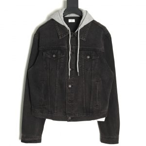 Celine Denim Jacket Jeans Black with Hood and Patches