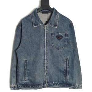 Prada Distressed Denim Jacket with Zip and Triangle Logo