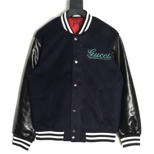 Gucci Fine Cotton Baseball Jacket with Leather Stitching on Sleeves