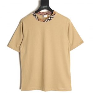 Burberry Plaid Collar Spliced Short Sleeves Camel