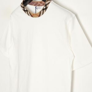 Burberry Plaid Collar Spliced Short Sleeves Black White - Image 2
