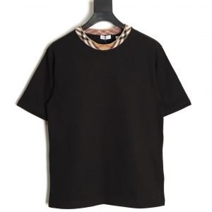Burberry Plaid Collar Spliced Short Sleeves Black