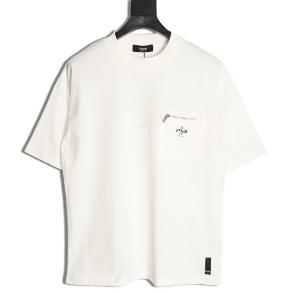 Fendi White Lettering Logo short-sleeved T-shirt with Zip Pocket