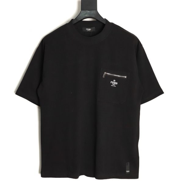 Fendi Black Lettering Logo short-sleeved T-shirt with Zip Pocket