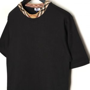 Burberry Plaid Collar Spliced Short Sleeves Black - Image 3