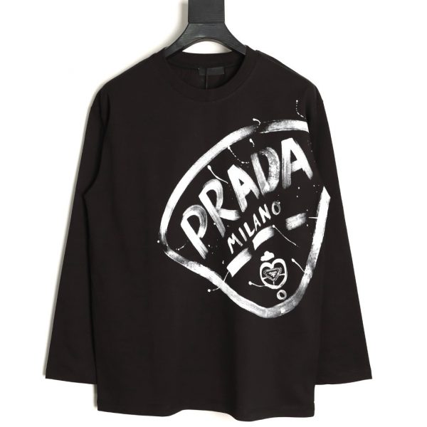 Prada Large Logo Ink Print Long-Sleeved T-Shirt Black