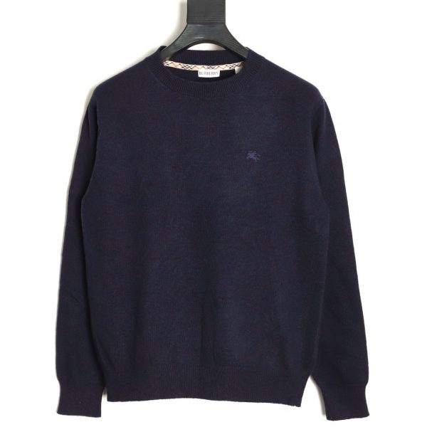 Burberry Dark Blue Crew Neck Knit Sweater with Embroidery