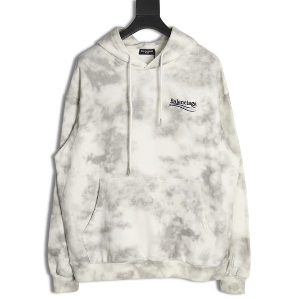 Balenciaga Mud-Dyed Distressed Hoodie with Tail Embroidery in White