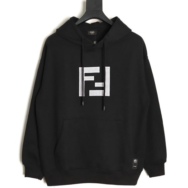 Fendi 3D Mesh Double F Logo Embroidered Hoodie Black