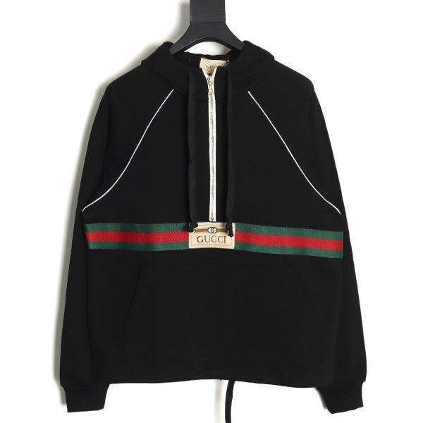 Gucci red and green bow half-zip long-sleeved hoodie Black