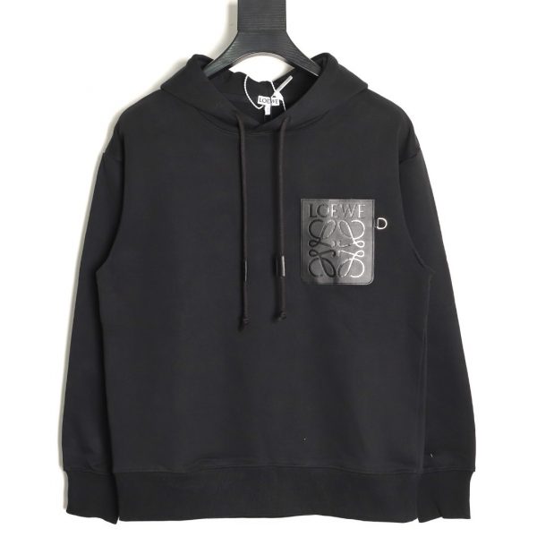 Loewe Hoodie Black Sweatshirt with Leather Pocket and Embossed Logo on the Chest