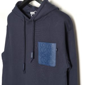 Alternative view of Loewe Hoodie Dark Blue Sweatshirt with Leather Pocket and Embossed Logo on the Chest