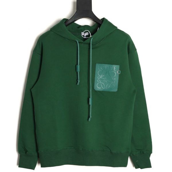 Loewe Hoodie Green Sweatshirt with Leather Pocket and Embossed Logo on the Chest