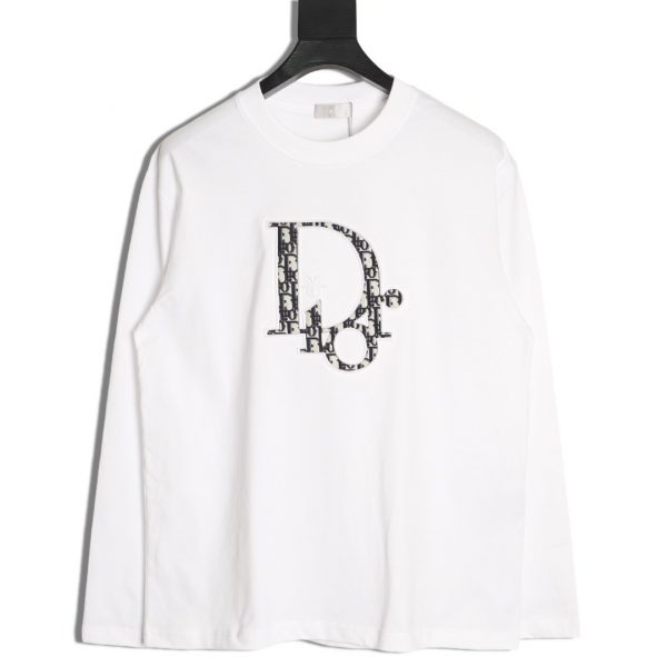 Dior Classic White Long-Sleeved T-Shirt with Embossed Three-Dimensional Patch