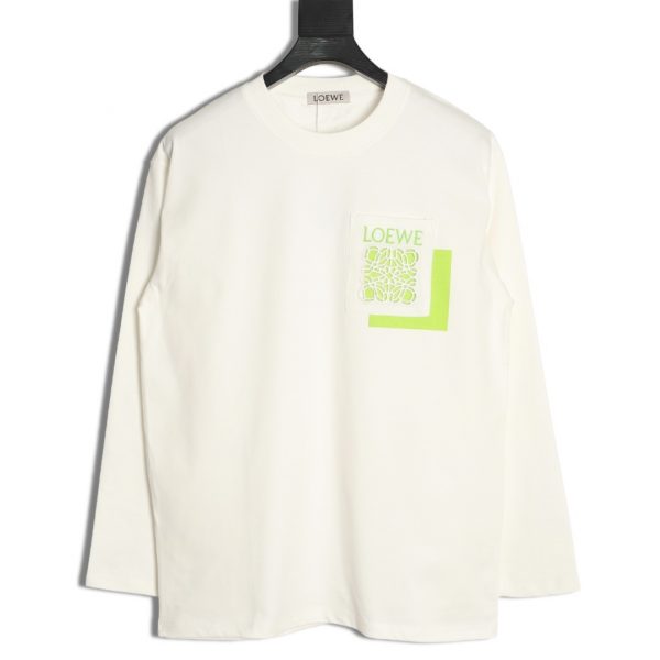 Loewe Long-Sleeved White T-Shirt with Overlay Pocket and Hollow Logo
