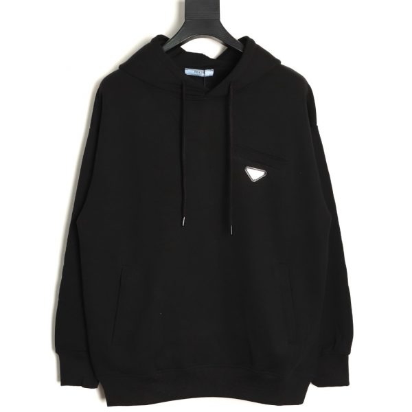 Prada Triangle Iron-On Brand Logo Hoodie with Side Fake Pocket Black