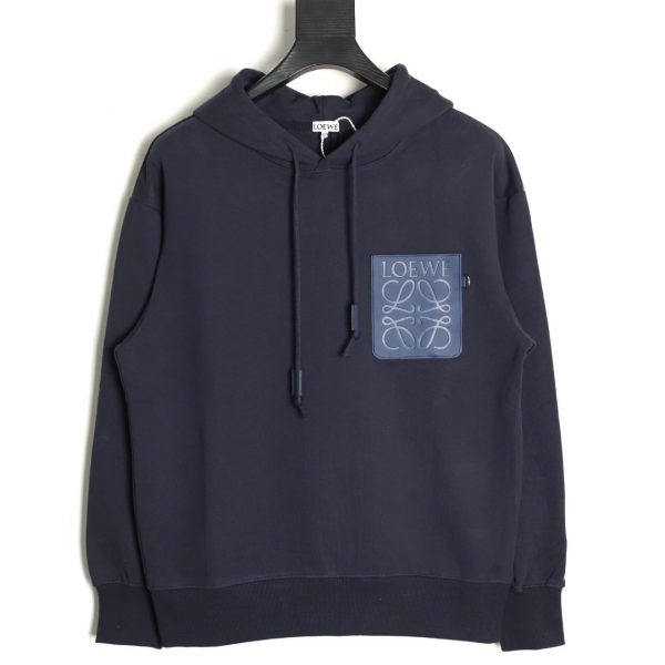 Loewe Hoodie Dark Blue Sweatshirt with Leather Pocket and Embossed Logo on the Chest