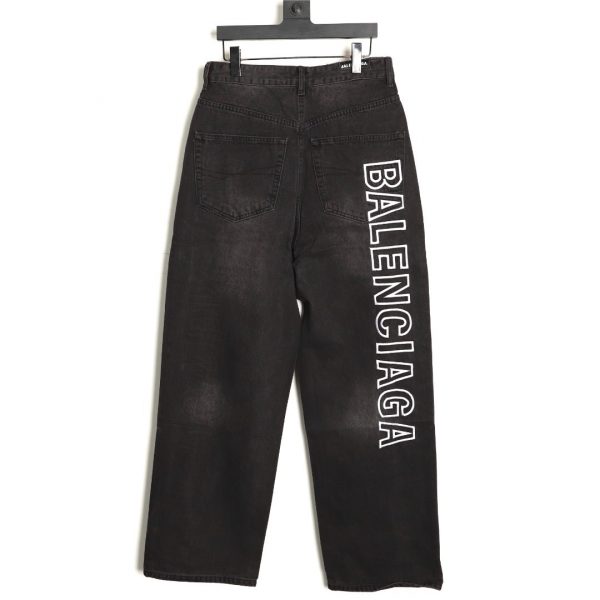 Balenciaga Black Washed Wide Leg Baggy Jeans with Embroidered Lettering