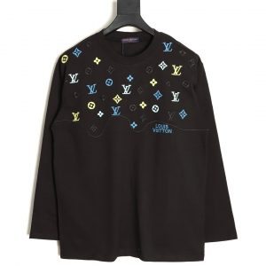 Louis Vuitton Black long-sleeved T-shirt with colorful vintage flower embroidery
